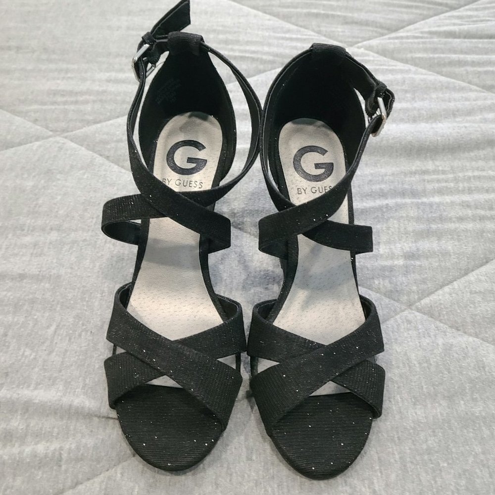 G by Guess Black Sparkly Strappy Wedges